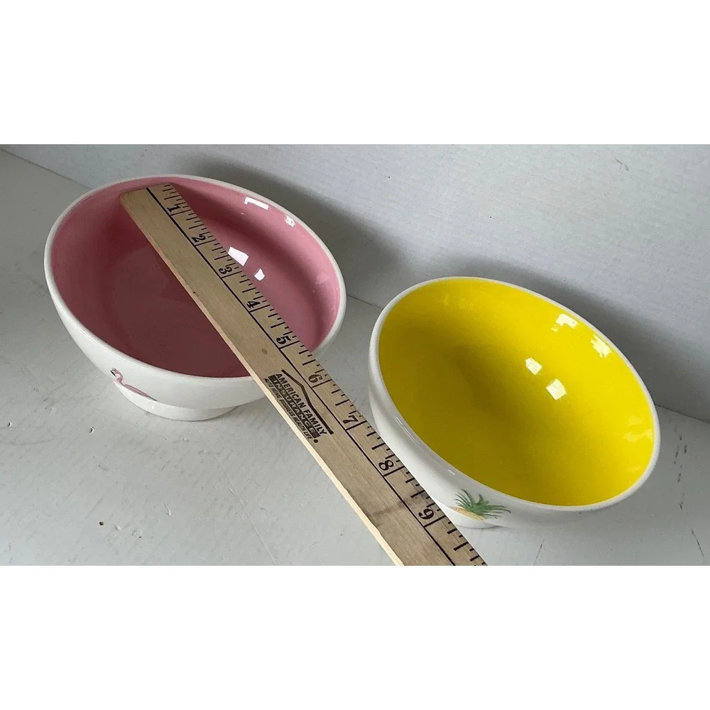 Rae Dunn Ceramic Tropical Bowls Flamingo Pineapple Set of 2 Pink Yellow Footed